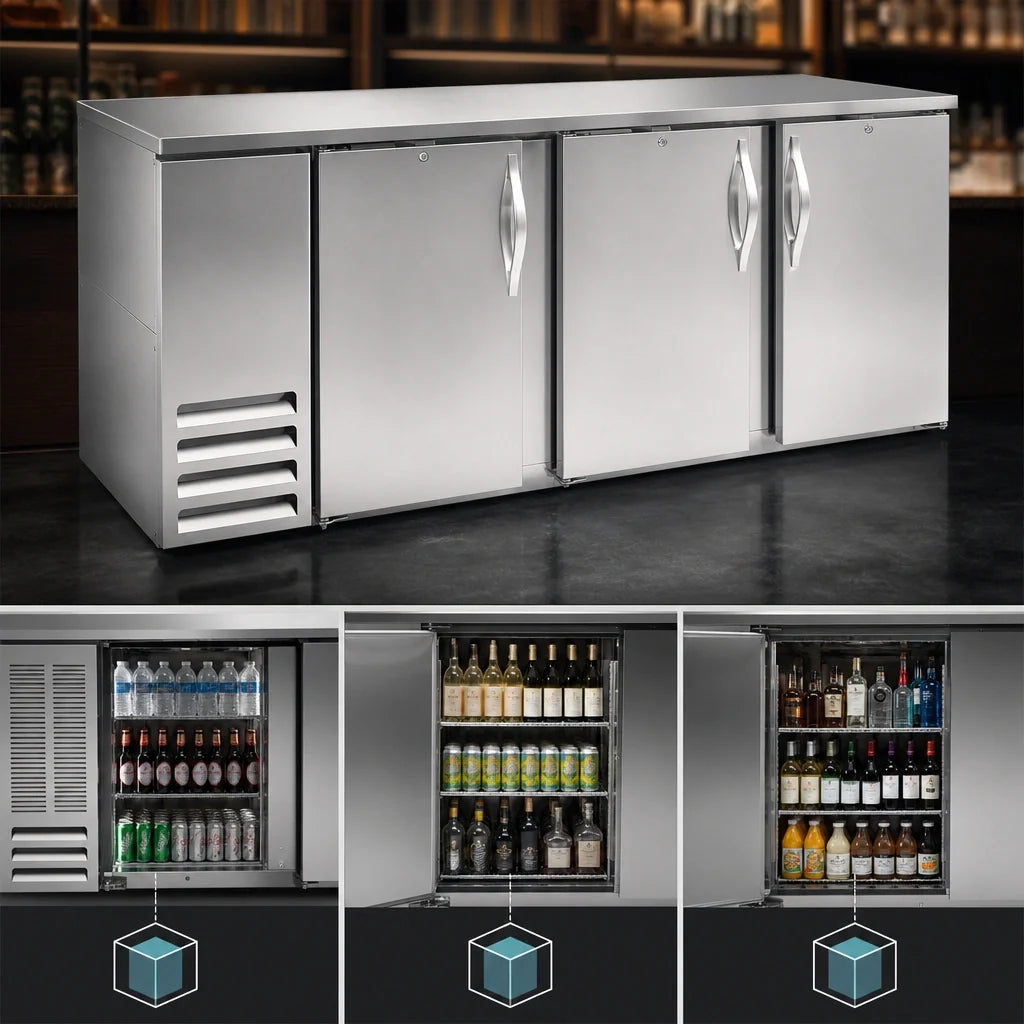 Beverage Air BB78HC-S Three-Section Solid-Door Back Bar Refrigerator, 78-Inch, 26.1 Cu. Ft., Stainless Steel