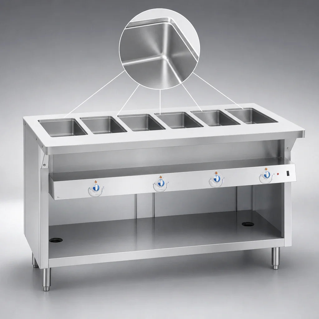 Duke Thurmaduke E-6-DLSS 88-Inch Stainless Steel Electric Steamtable, 6 Sealed Wells, Open Storage Base