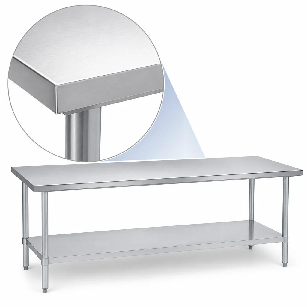 Duke 416S-24144 144-Inch Stainless Steel Work Table, 24-Inch Deep, Open Undershelf, Flat Top, Bullnose Edge