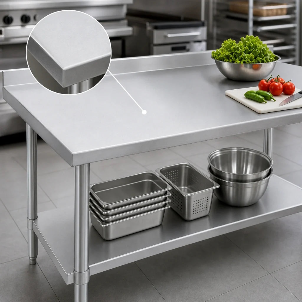 Duke 416S-3030-2R 30" x 30" Stainless Steel Corner Work Table, 16 Gauge 400 Series Top, 1-1/8" Riser, Undershelf