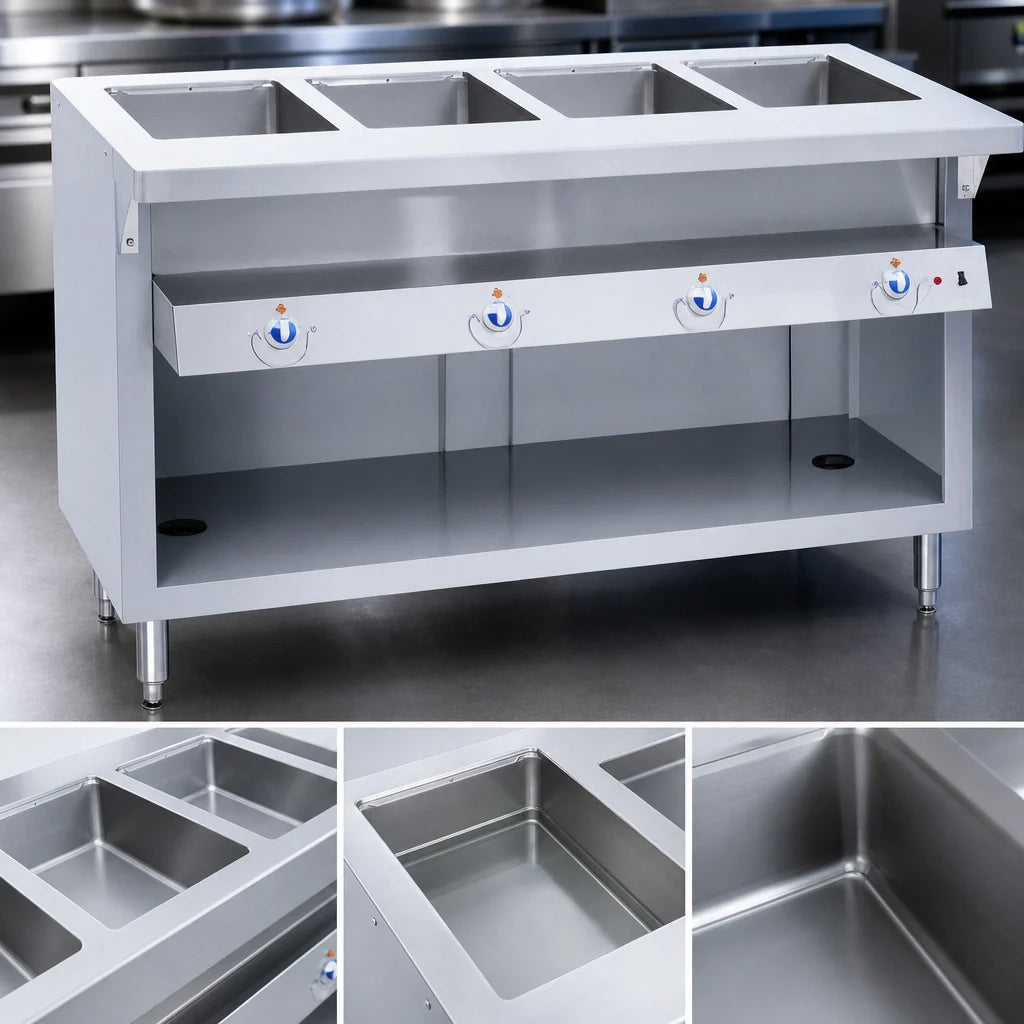 Duke Thurmaduke E-3-DLSS Electric 3-Well Steamtable, Sealed Wells, Stainless Steel, Open Undershelf, Cutting Board