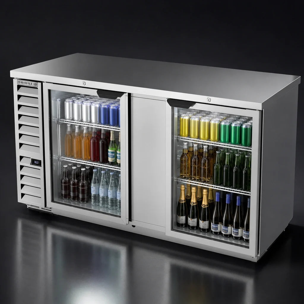 Beverage Air BB68HC-G-S Two-Section Glass Door Back Bar Refrigerator, 68-Inch Wide, Stainless Steel, Self-Contained