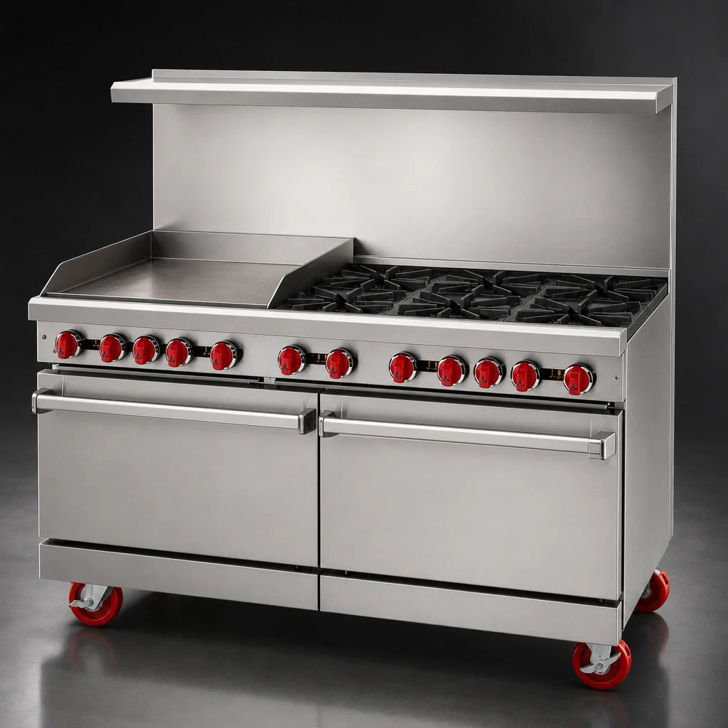 American Range AR-12G-8B-CL-SBR 60-Inch Commercial Gas Range with 12-Inch Griddle, 8 Open Burners, Convection Oven & Storage Base