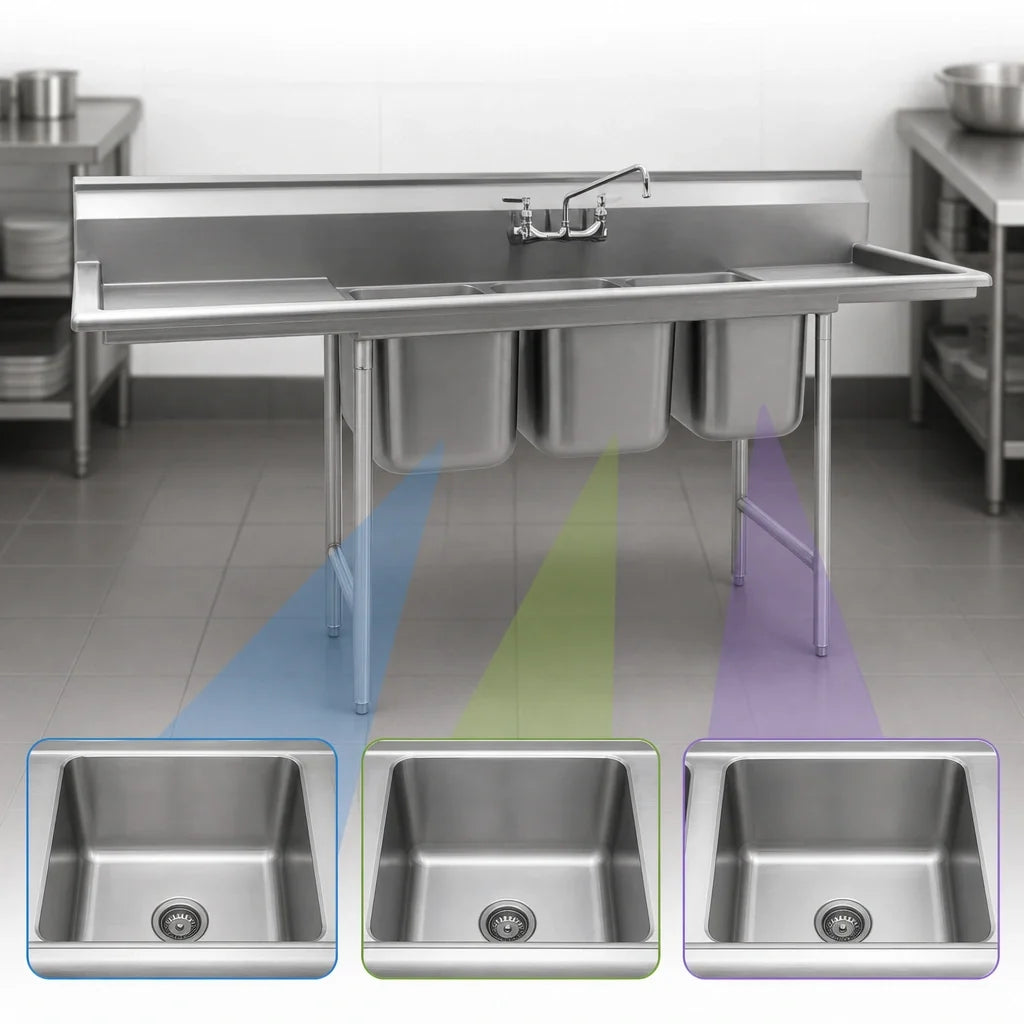 Eagle Group 314-24-3-24L-X 304 Stainless Steel Three-Compartment Sink, 24 x 24 x 13-1/2 Inch Compartments, Left Drainboard, 104-3/4 Inch Wide