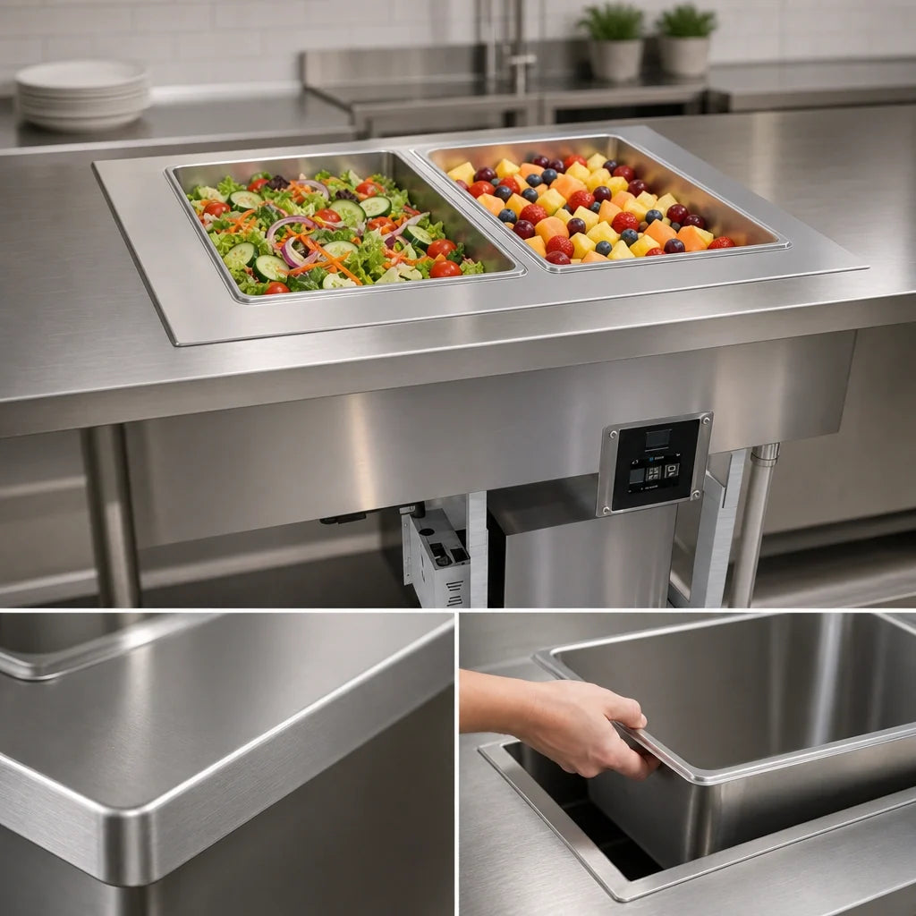 Duke FCP2-SB 2-Section Drop-In Flush-Mount Cold Pan with Self-Contained Refrigeration, 2 Full-Size Pans, Stainless Steel