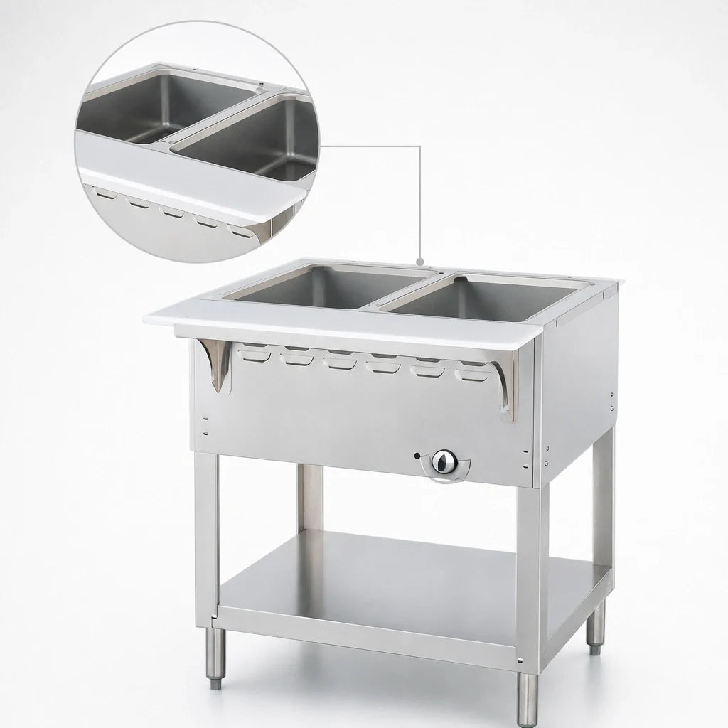 Duke Aerohot WB302 30-3/8-Inch Gas Wet Bath Steam Table, 2-Pan Open Water Bath, Stainless Steel Open Base with Undershelf