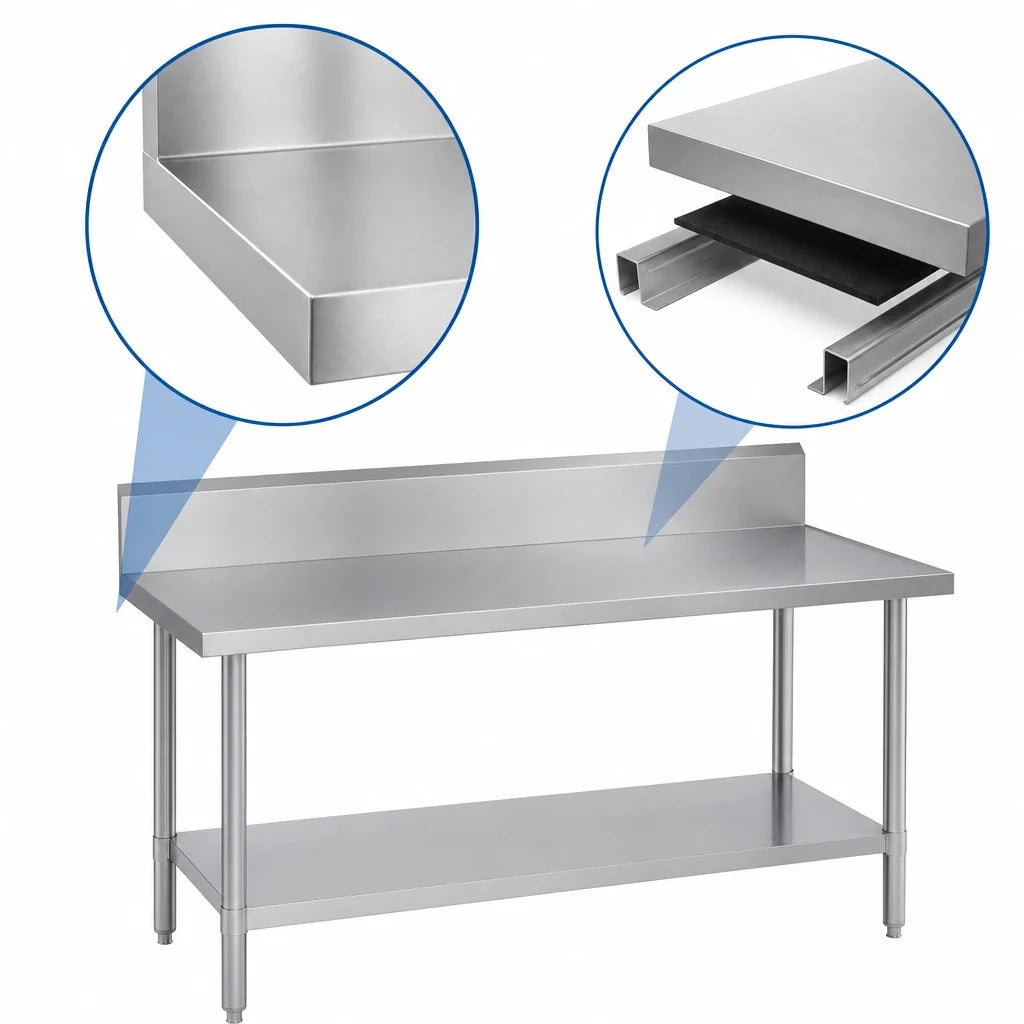 Duke 314S-3672-10R 72 x 36 in Stainless Steel Work Table, 14-Gauge 300 Series Top, 10-in Riser, Adjustable Undershelf