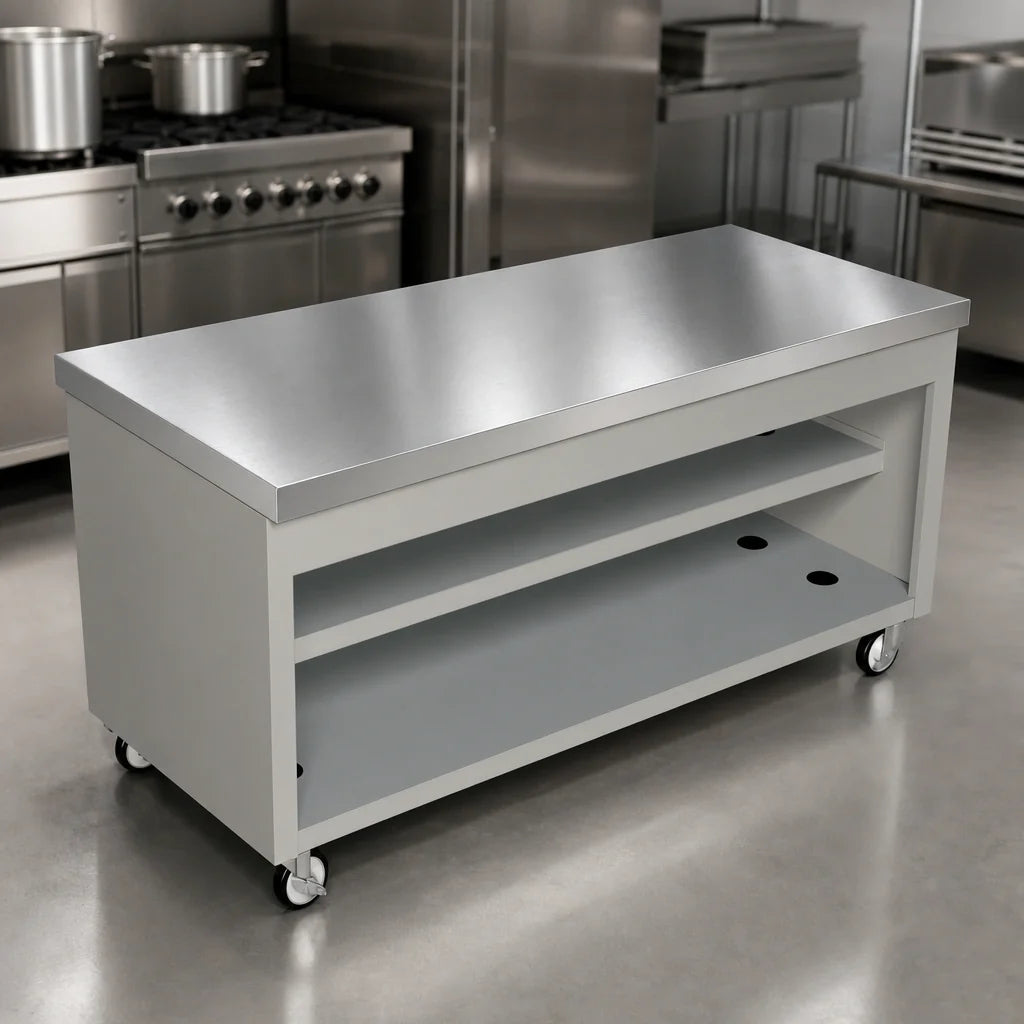 Duke Thurmaduke TST-74PG 74"W Mobile Solid Top Utility Counter, Stainless Steel Top, Undershelves