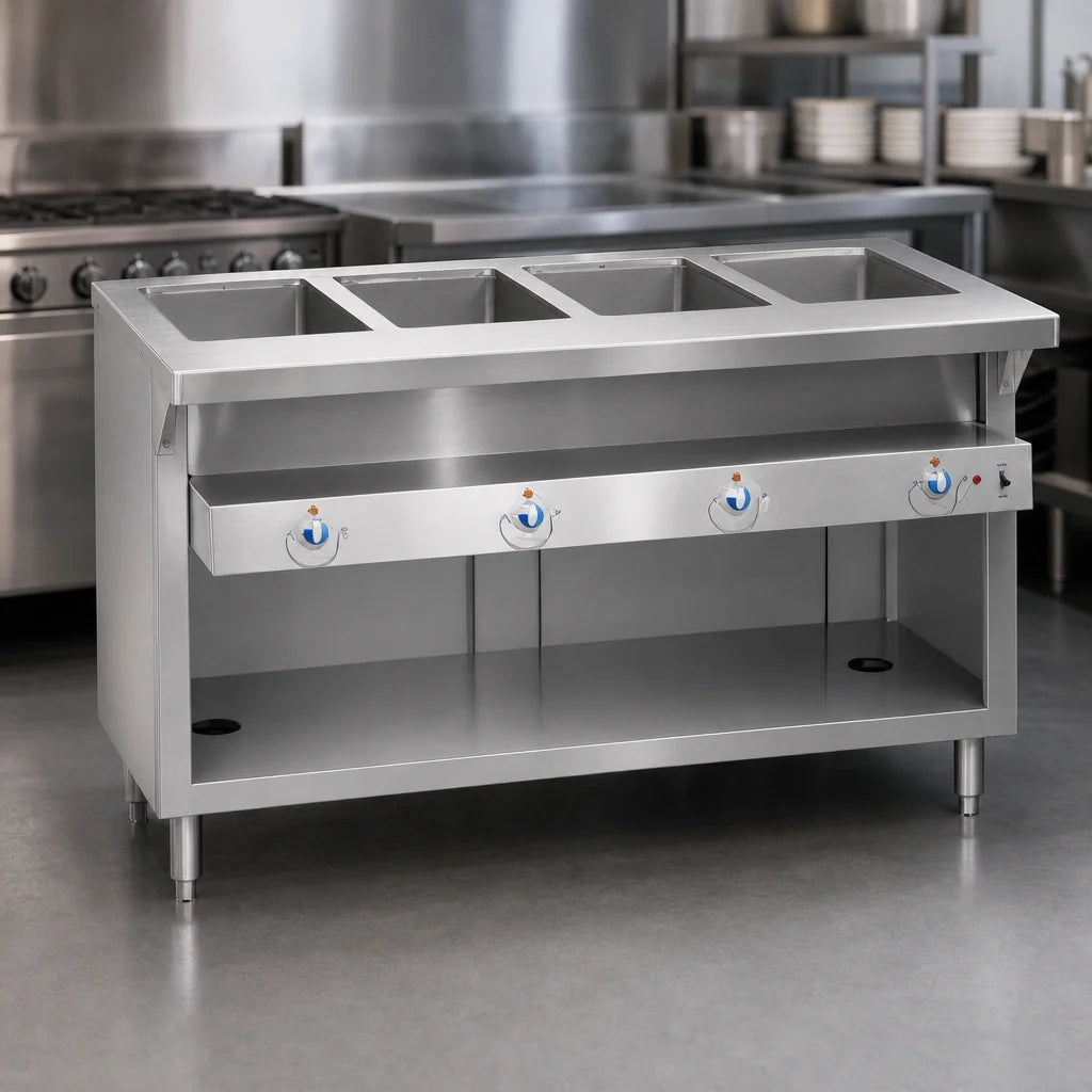 Duke Thurmaduke E-4-DLSS 60-Inch Electric 4-Pan Sealed-Well Steamtable with Open Storage Base and Cutting Board