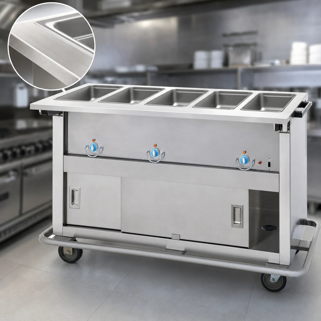 Duke Thurmaduke EP-5-CBSS 74-Inch 5-Well Full-Size Electric Mobile Steamtable with Sealed Wells and Enclosed Base