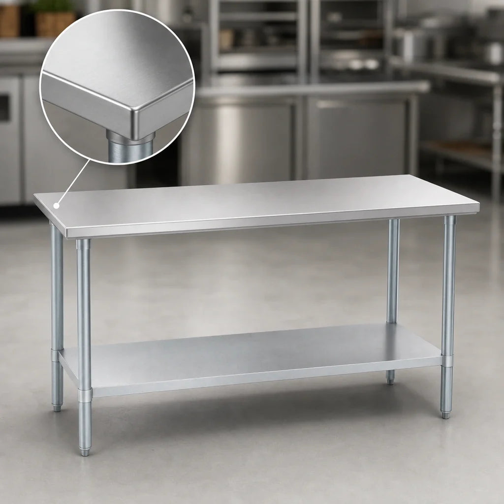 Duke 316-3672 72"W x 30"D Stainless Steel Work Table, 16-Gauge 300-Series Top, Galvanized Undershelf, No Backsplash