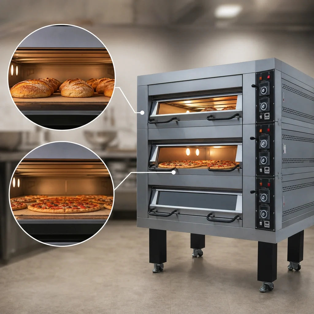 BakeMax BMTD002 Double-Deck Electric Artisan Stone Deck Oven, Steam Injection, 6-Pan, Stainless Steel, Lockable Casters