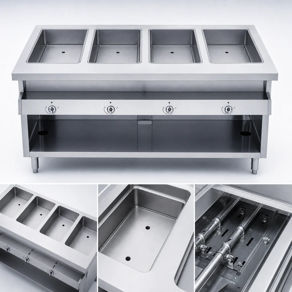 Duke Thurmaduke G-4-DLPG 60-Inch 4-Well Propane Gas Dry-Heat Steam Table with Enclosed Base and Open Undershelf