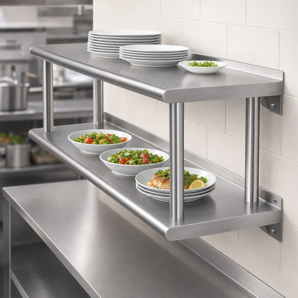 Advance Tabco PA-24-84-2 Double-Tier Stainless Steel Pass-Through Shelf, Wall-Mounted, 84"W x 24"D