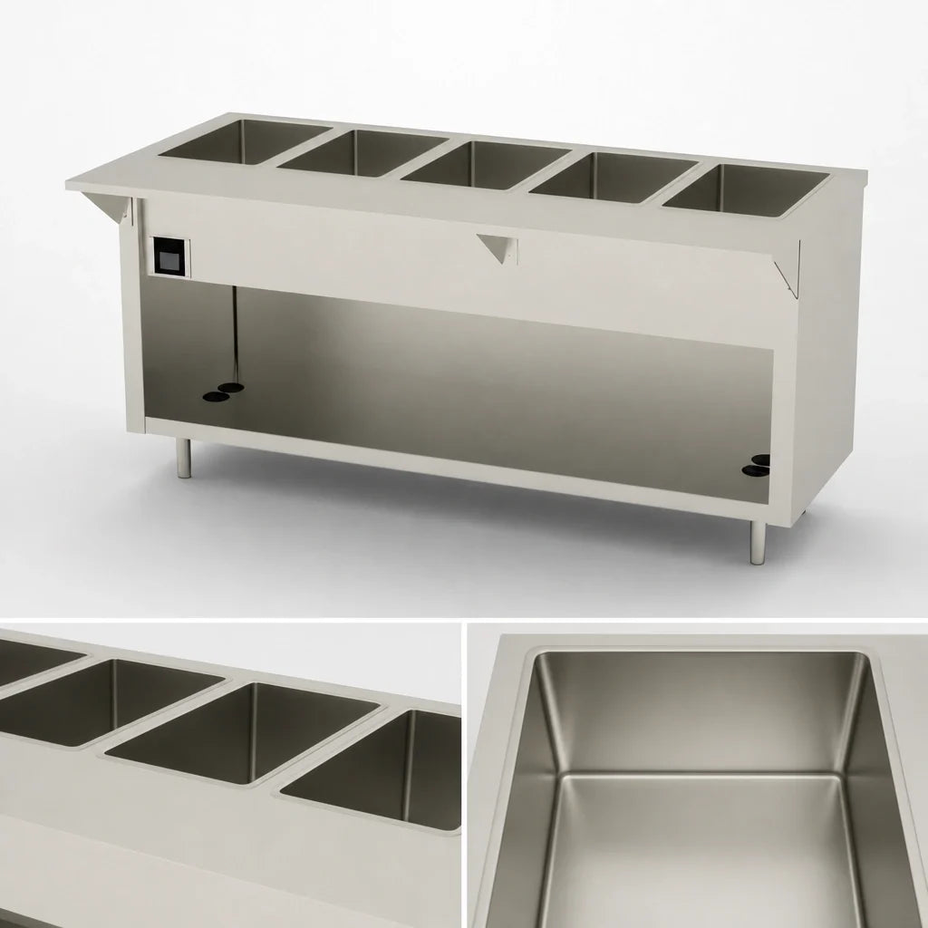 Duke Thurmaduke EW-5-CBPG 5-Well Waterless Electric Hot Food Holding Unit, 74"W, Touchscreen, Open Storage Base