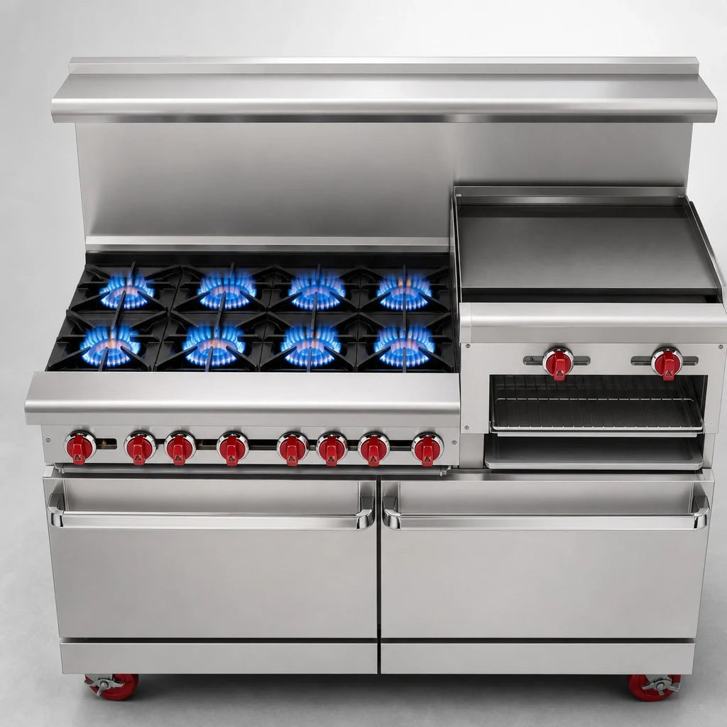 American Range AR-8B-24RG-DSB 72-Inch Gas Restaurant Range with 8 Open Burners, 24-Inch Raised Griddle/Broiler, Dual Storage Bases