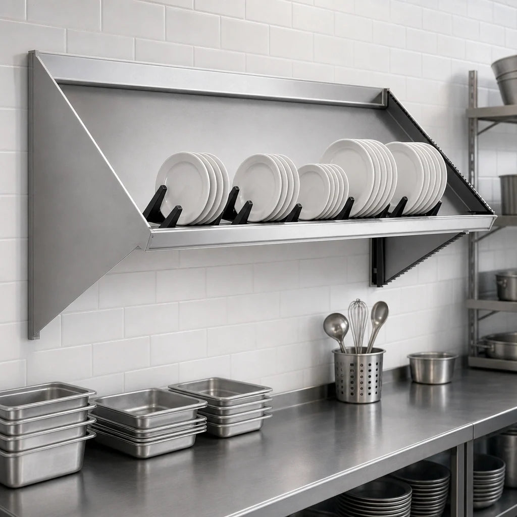 Eagle Group 606643-X Wall-Mounted Solid Slanted Dish Table Rack Shelf, 63"W, Right-Side Drip Tube, 304 Stainless Steel