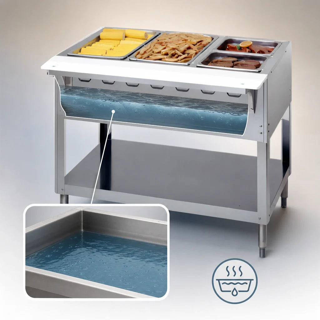 Duke Aerohot WB303 44-3/8 Inch Gas Wet Bath Steam Table, 3-Pan, Stainless Steel, Open Base with Undershelf