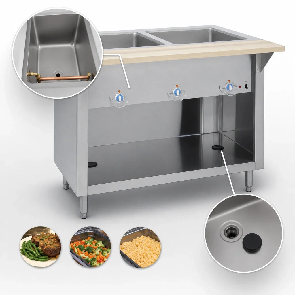 Duke Thurmaduke E-2-CBPG 32-Inch Electric Steamtable with 2 Sealed Wells, Open Storage Base and Thermostatic Controls