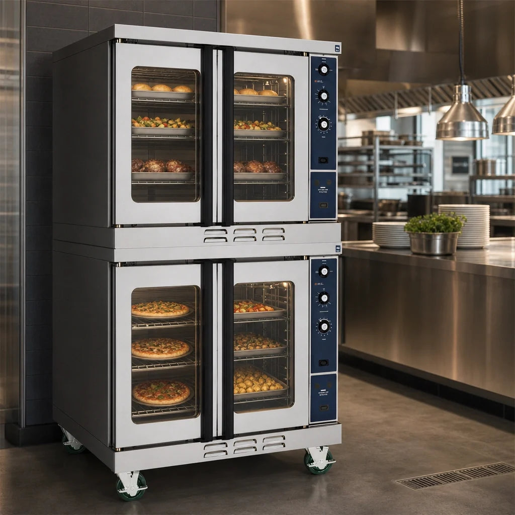 Duke 613Q-E4XX Double-Deck Deep-Depth Electric Convection Oven, 6 Full-Size Pans per Deck, Solid-State Controls, Legs