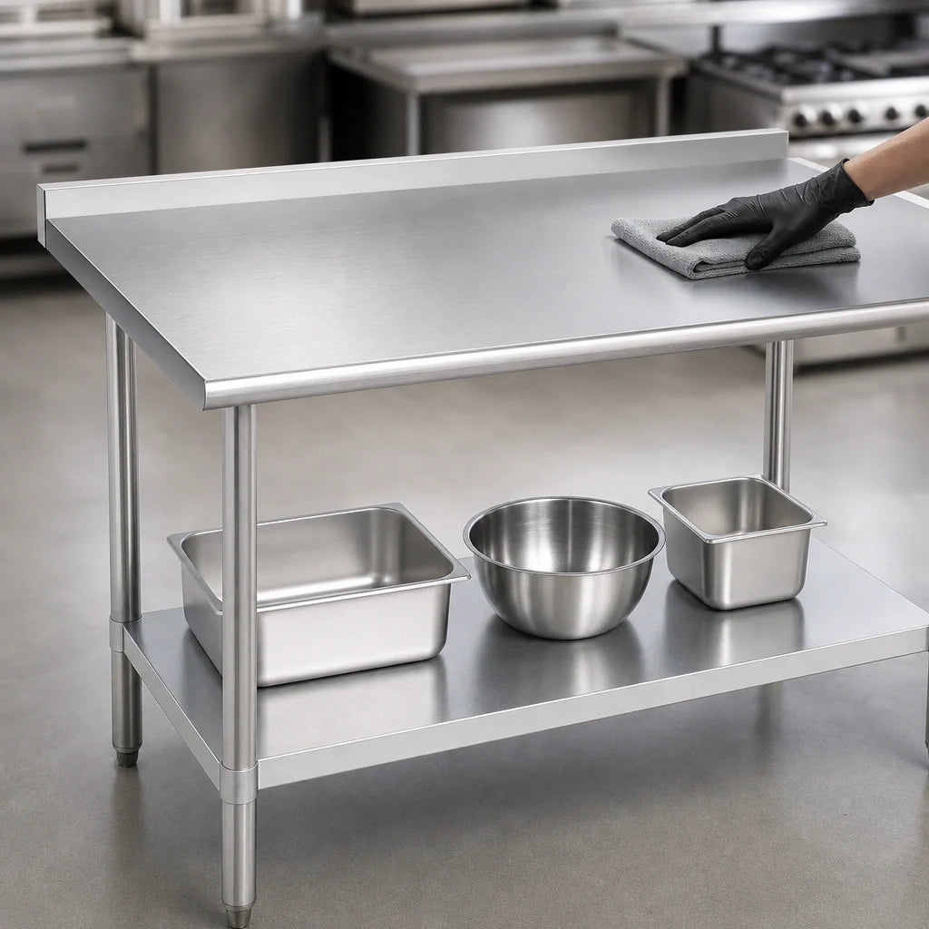 Duke 314-2430-2R Stainless Steel Work Table, 30" x 24", 14-Gauge 300 Series Top, 1-1/8" Riser, Galvanized Undershelf
