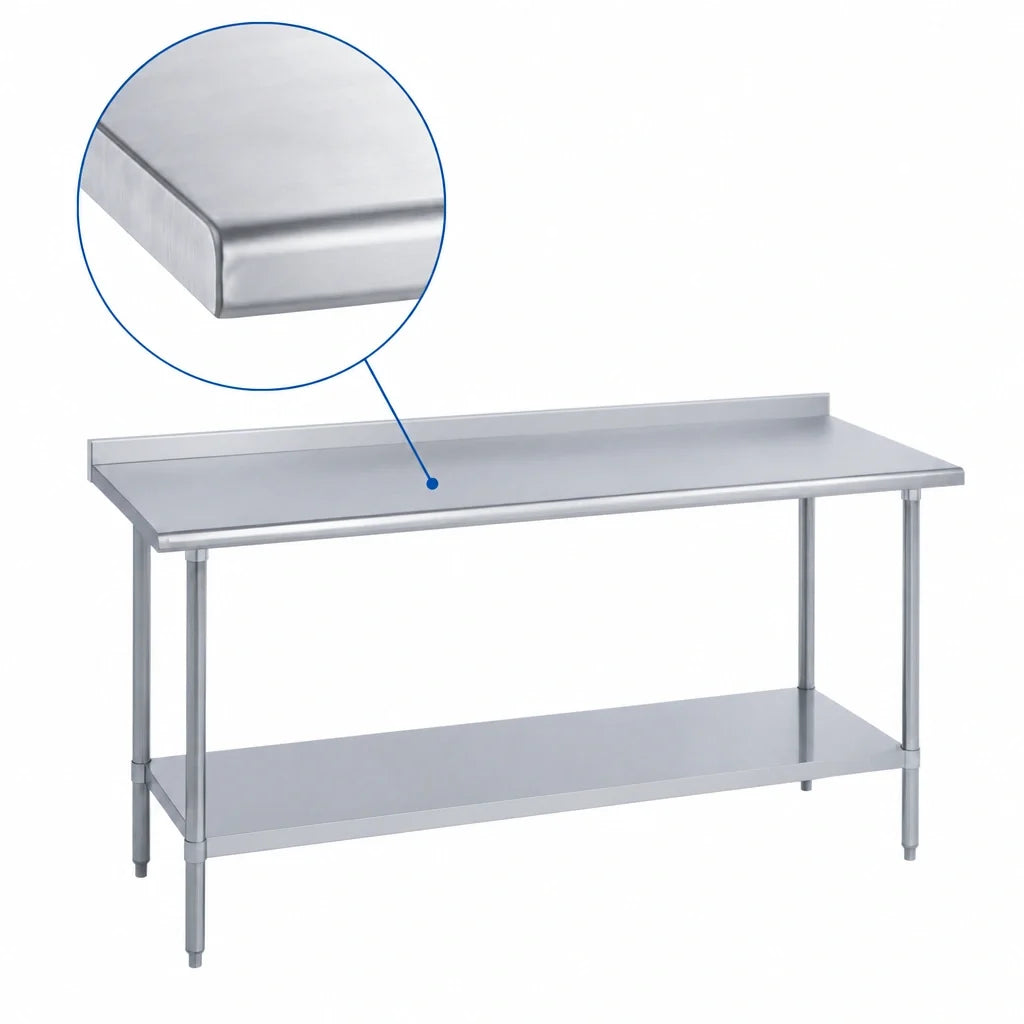 Duke 316S-36120-2R Stainless Steel Work Table, 120"W x 36"D, 16-Gauge 300 Series Top, 1-1/8" Riser, Undershelf