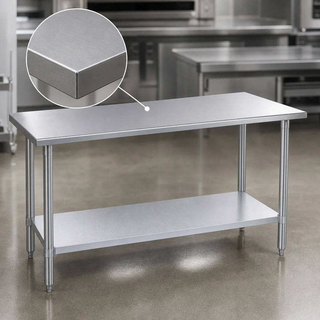 Duke 316-36120 Stainless Steel Work Table, 120"W x 36"D x 36"H, 16-Gauge 300 Series Top, Flat Top, Galvanized Undershelf