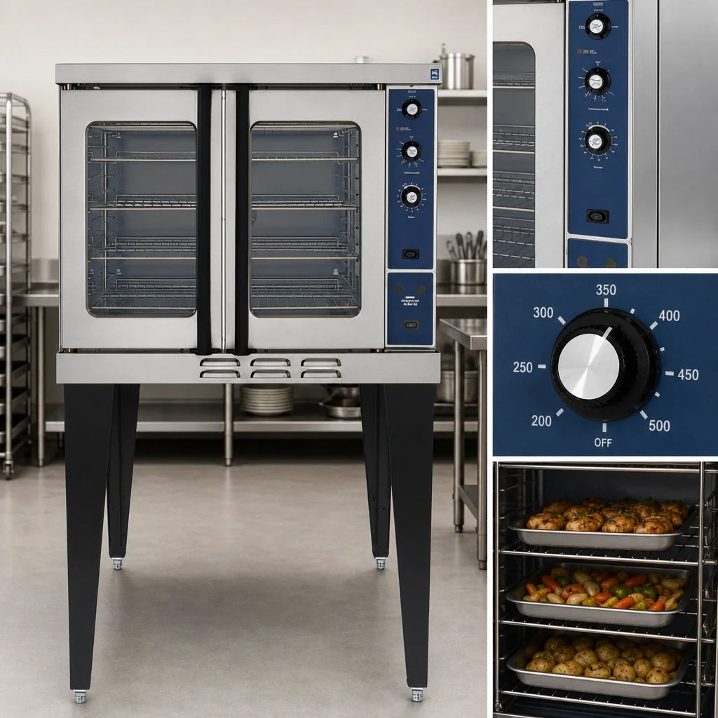 Duke 613Q-E1XX Full-Size Single-Deck Electric Convection Oven with 6-Pan Capacity, Solid-State Controls, 50/50 Doors