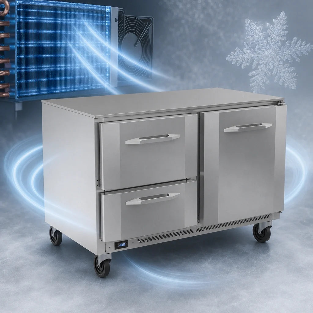 Victory Refrigeration VUFD48HC-2 48-Inch Two-Section Undercounter Freezer with Door and Drawers, Self-Contained R290 Refrigeration