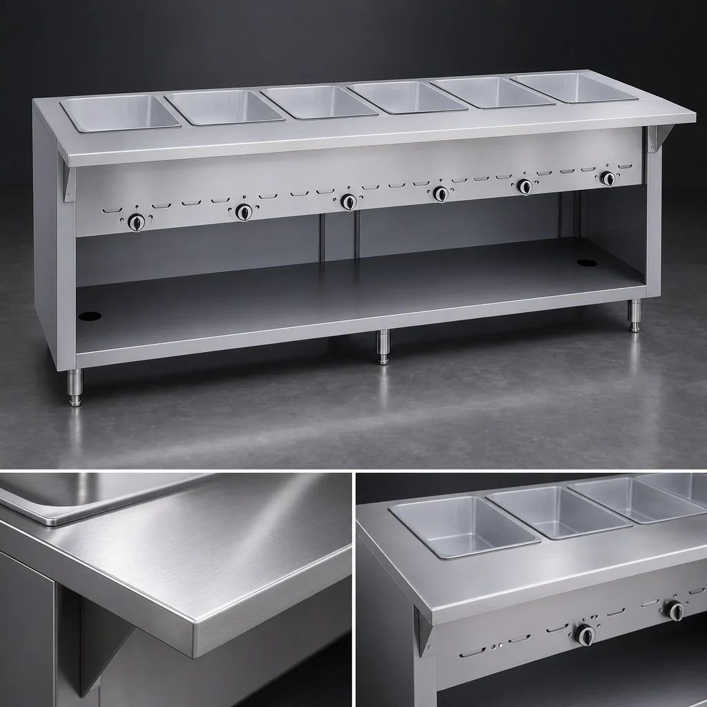 Duke Thurmaduke G-5-CBSS 5-Well Full-Size Gas Dry Heat Steam Table, 74" Stainless Steel, Open Undershelf