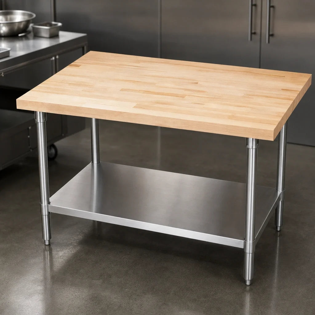 BK Resources MFTS-4836 Hard Maple Top Work Table with Stainless Steel Undershelf, 48"W x 36"D, 1-3/4" Thick