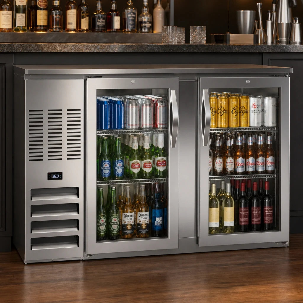Beverage Air BB58HC-G-S 58-Inch Two-Door Glass Back Bar Refrigerator, Stainless Steel, Self-Contained Left-Mounted Refrigeration