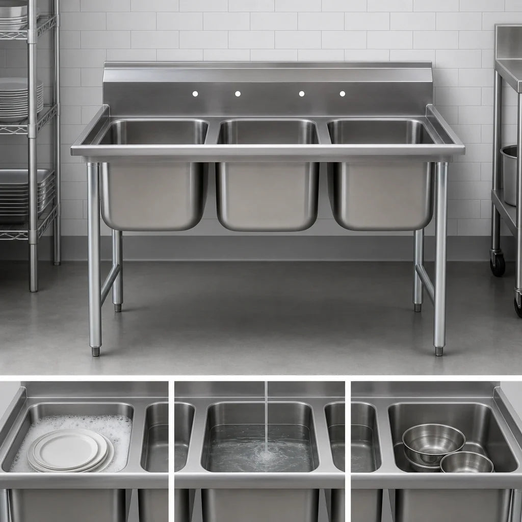 Eagle Group 414-22-3 Three-Compartment Coved-Corner Sink, 22 x 22 x 13-1/2 Inch Bowls, No Drainboards, 77-1/2 Inch Wide