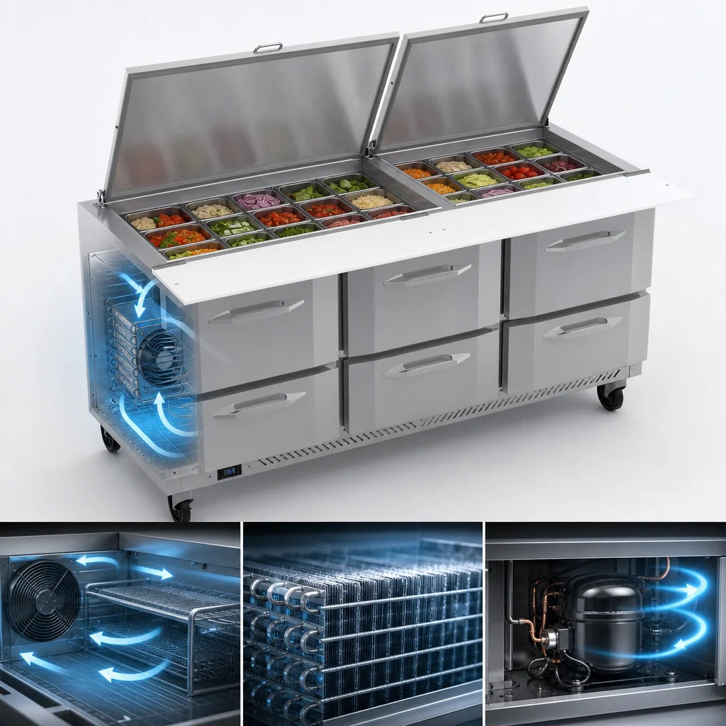 Victory Refrigeration UltraSpec™ VSPD72HC-30B-6 72-Inch Three-Section Sandwich Prep Table, 6 Drawers, 30-Pan Top, Self-Contained R290