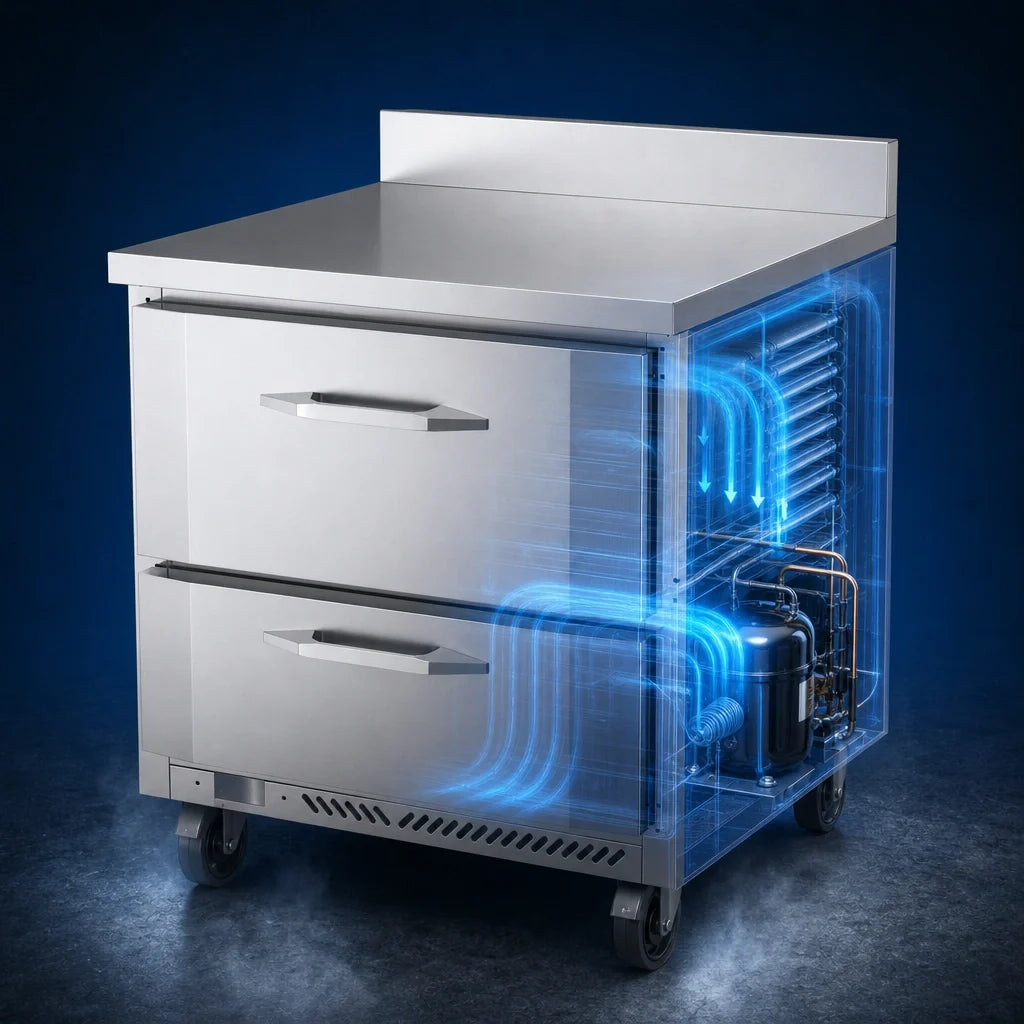 Victory Refrigeration VWFD32HC-2 32-Inch Stainless Steel Worktop Freezer with 2 Drawers, 7.22 Cu. Ft., Rear-Mounted Self-Contained Refrigeration