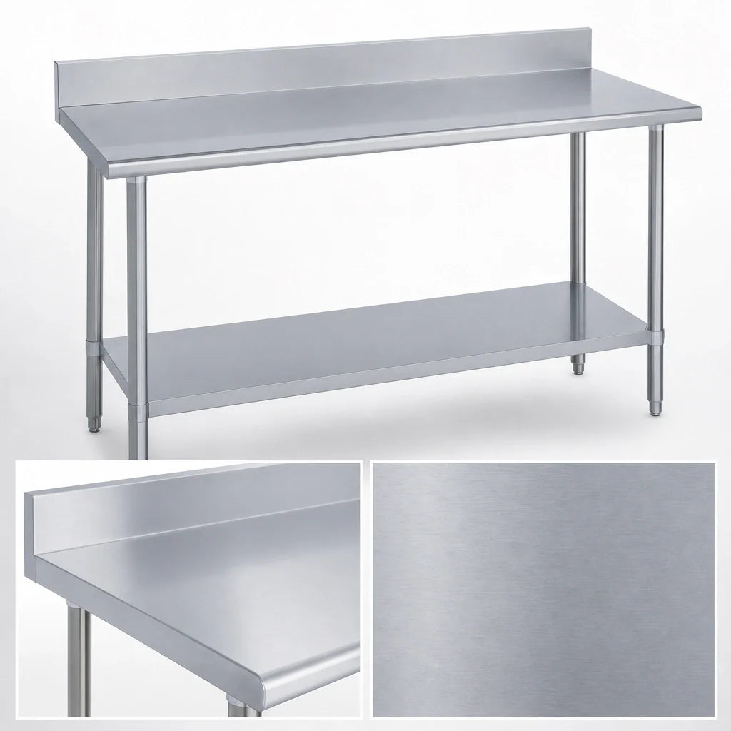 Duke 314-3048-5R 48 x 30 Inch Stainless Steel Work Table, 5 Inch Riser, Galvanized Undershelf, 14 Gauge 300 Series Top