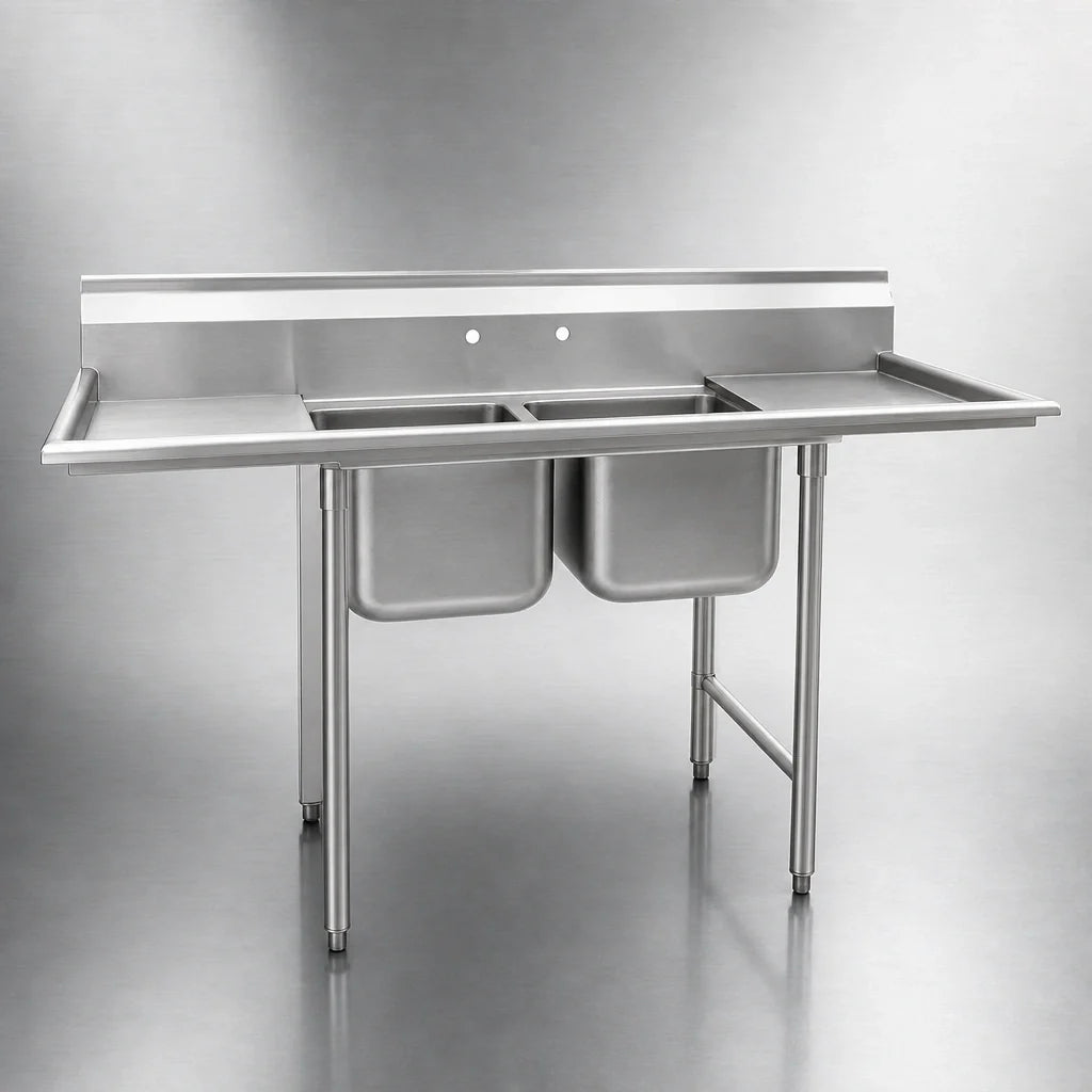 Eagle Group 314-24-2-24R-X 2-Compartment 304 Stainless Steel Sink, Right-Hand Drainboard, 24 x 24 x 13-1/2 Inch Bowls, 9-1/2 Inch Backsplash