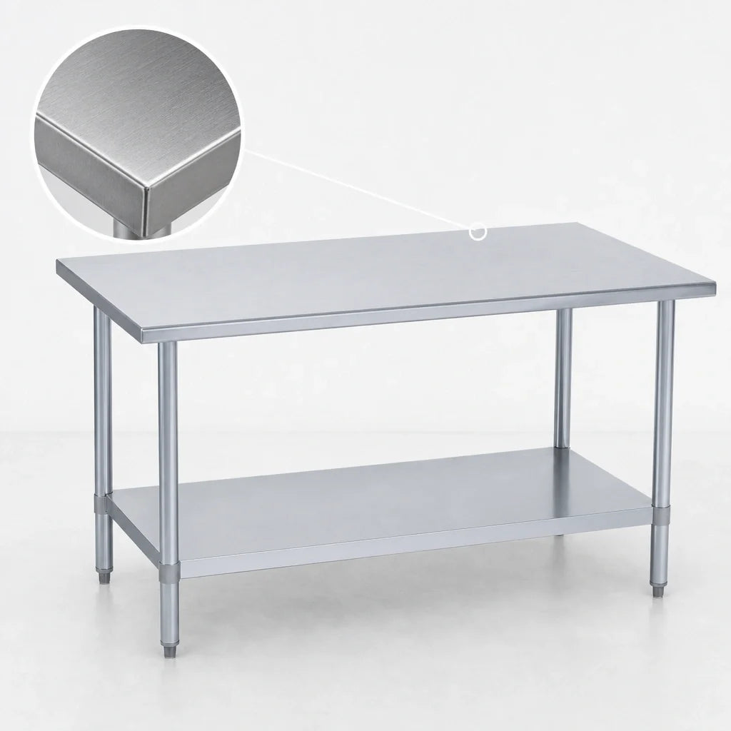 Duke 314S-3030 Stainless Steel Corner Work Table, 30 x 30 in, 14-Gauge 300 Series Top, Flat Top with Undershelf