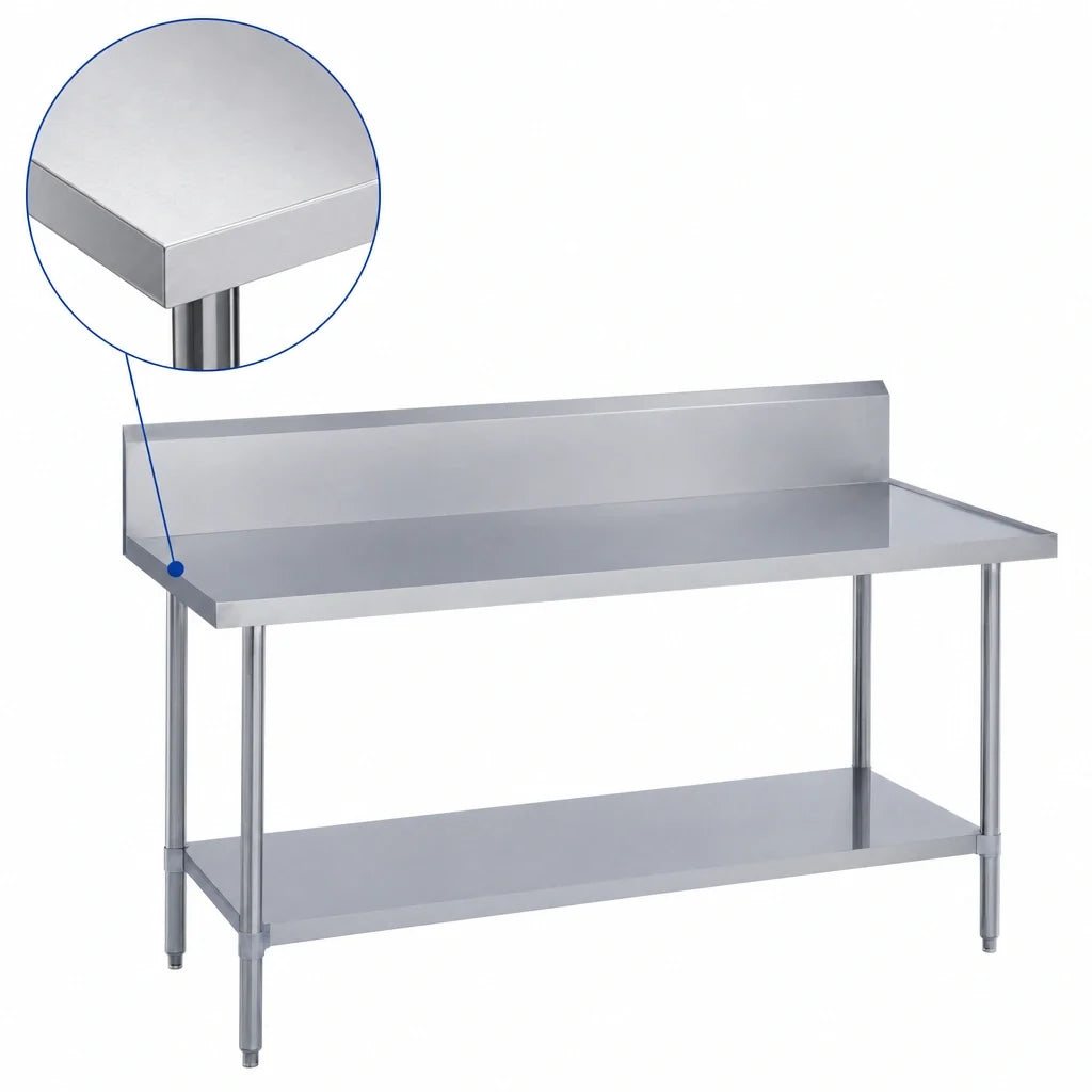 Duke 314S-2448-10R Stainless Steel Work Table, 48 x 24 in, 10 in Riser, Undershelf, 14-Gauge 300 Series Top