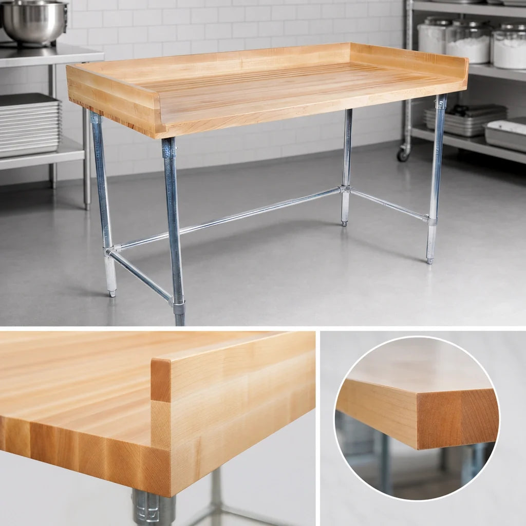 BK Resources MBTSOB-6036 60" x 36" Hard Maple Bakers Table with Stainless Steel Open Base and 4" Coved Risers