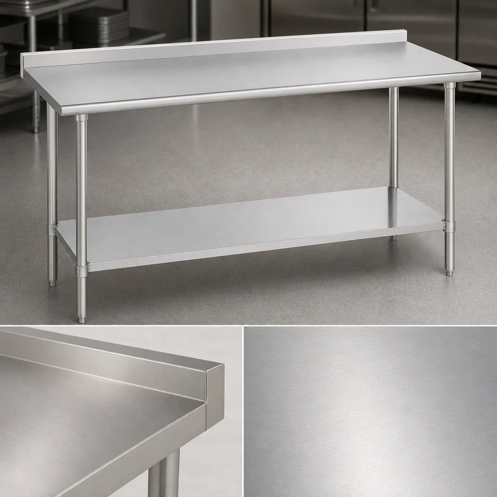 Duke 314-36108-2R 108-Inch 14-Gauge 300-Series Stainless Steel Work Table with Straight Riser and Galvanized Undershelf
