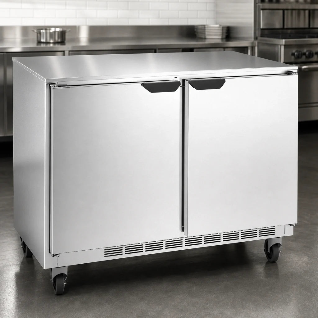 Beverage Air UCF48AHC 48-Inch Two-Section Undercounter Freezer, 2 Solid Doors, Stainless Steel, Rear-Mounted Self-Contained