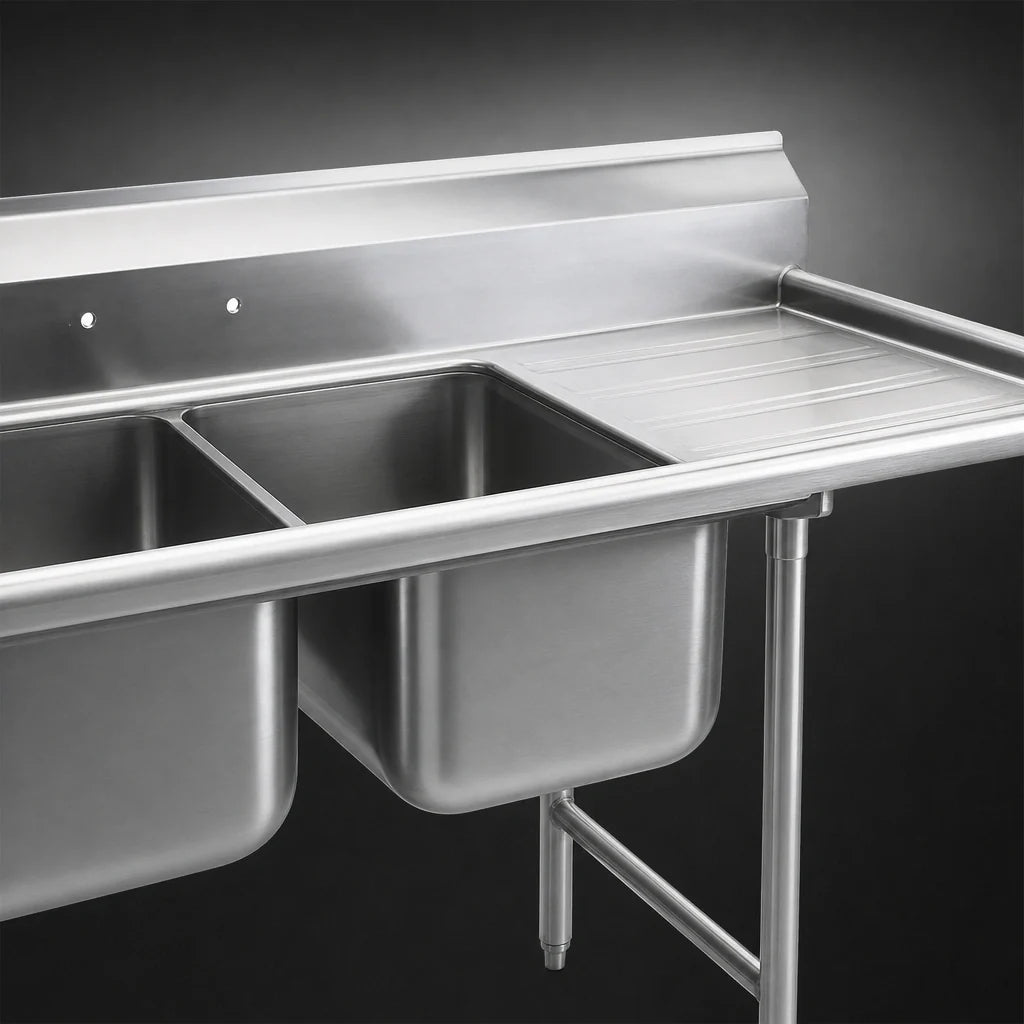 Eagle Group 414-24-2-18R 2-Compartment Stainless Steel Sink, 24 x 24 x 13-1/2 Inch Bowls, Right Drainboard, 9-1/2 Inch Backsplash