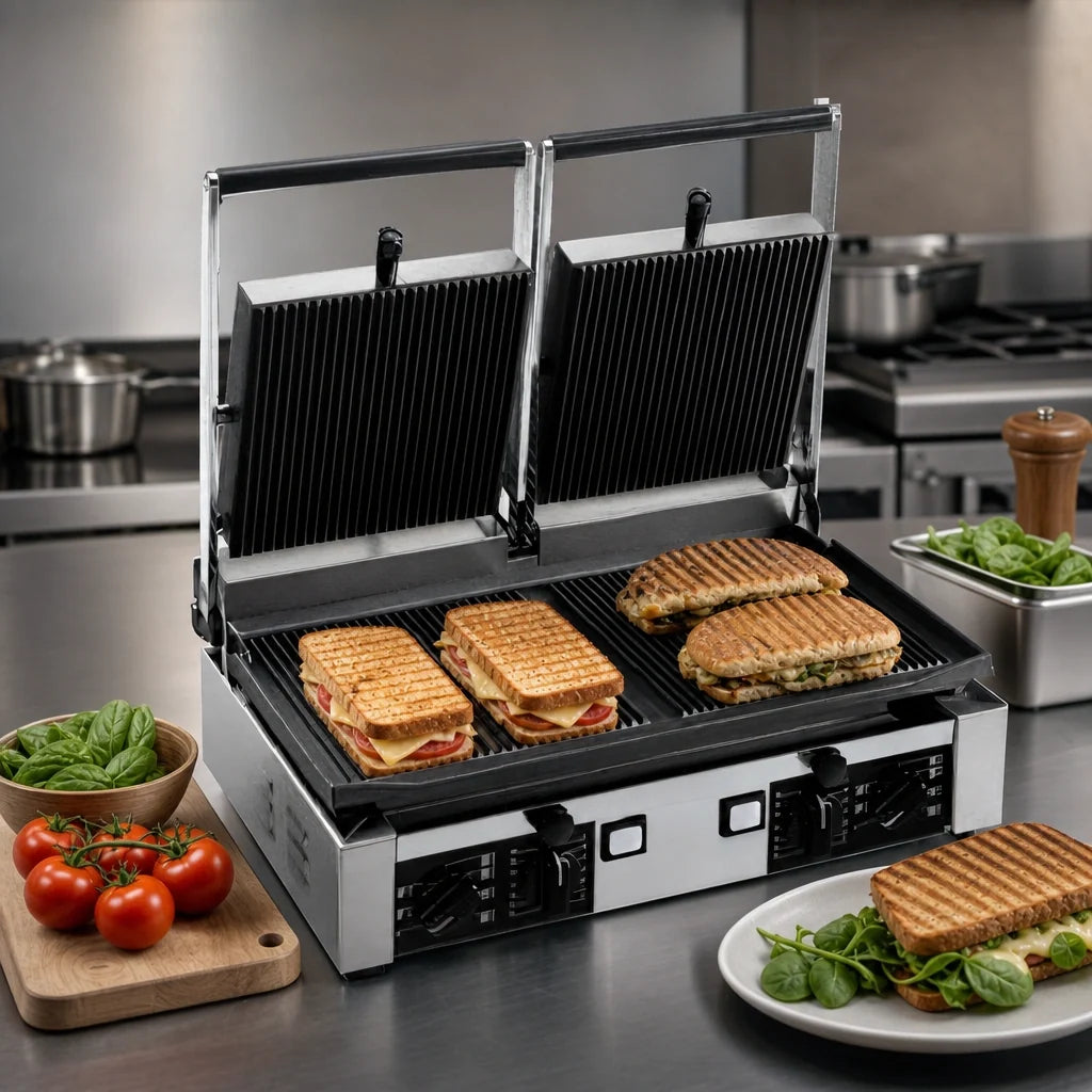 Univex PPRESS2R Double Countertop Electric Panini Press with Ribbed Cast Iron Plates, Manual Controls, 19.6 x 10 Inch Surface