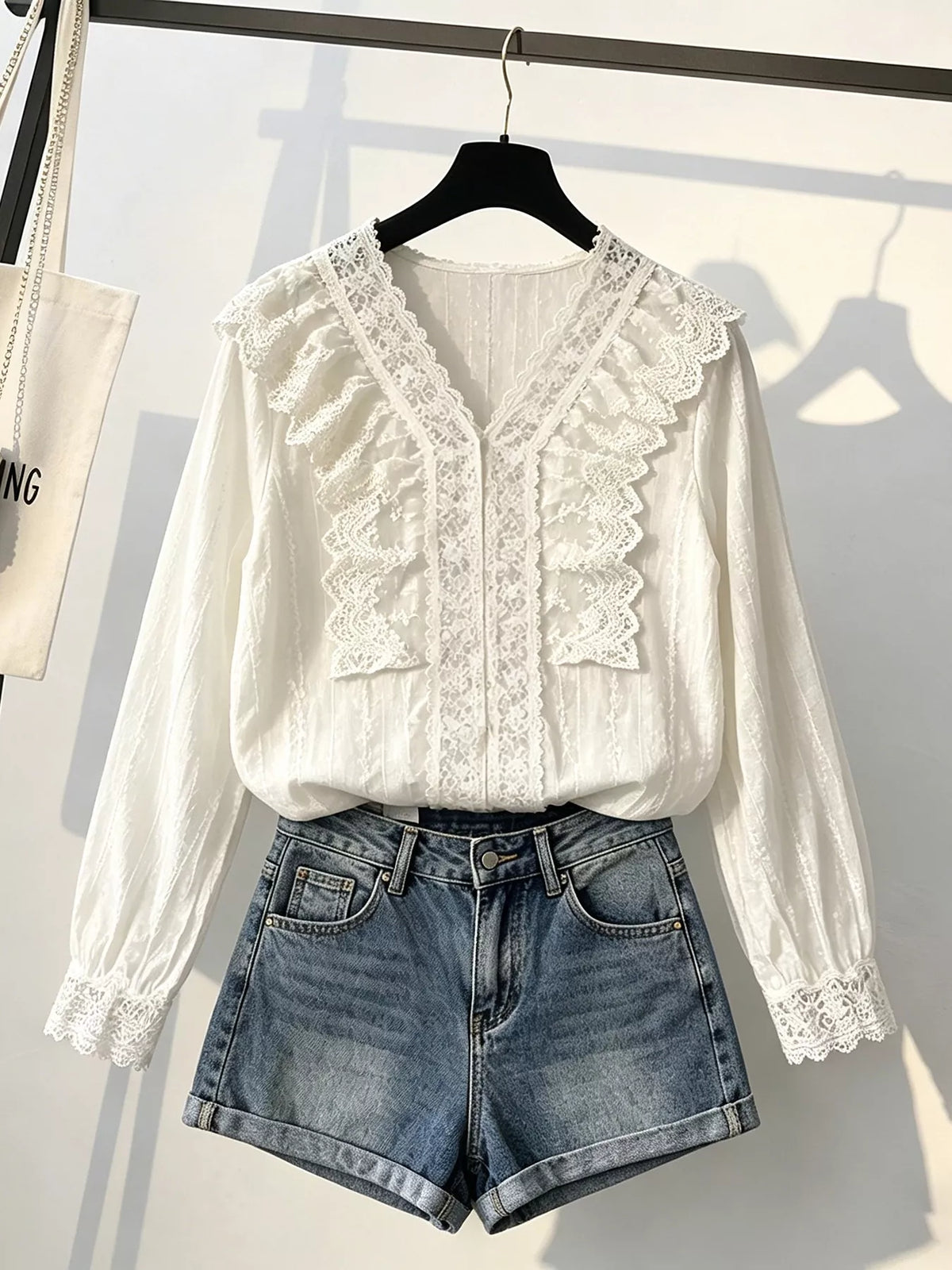 V-Neck Lace Ruffle Sheer Blouse