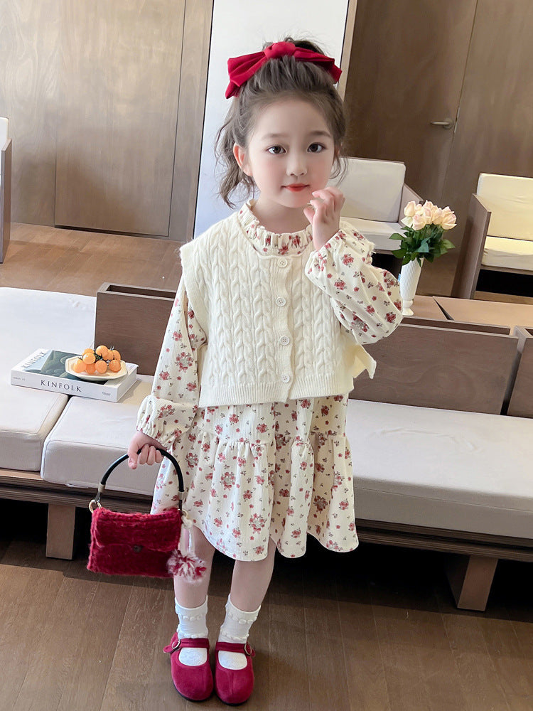 Girls Floral-print Dress And Vest Two-piece Set