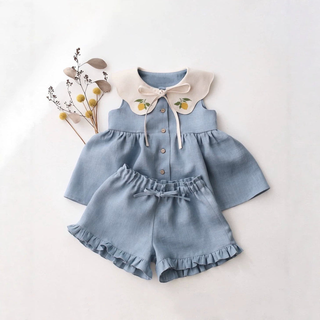 Childrens Sleeveless Embroidered-Neck Top And Shorts Two-Piece Set