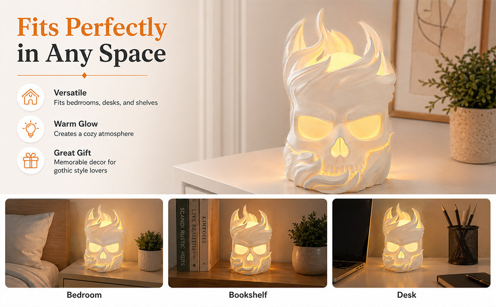 3D Printed Flame Skull Ambient Table Lamp, Warm Glow Decorative Night Light, Gothic Skull Desk Lamp For Bedroom Bookshelf Home Decor