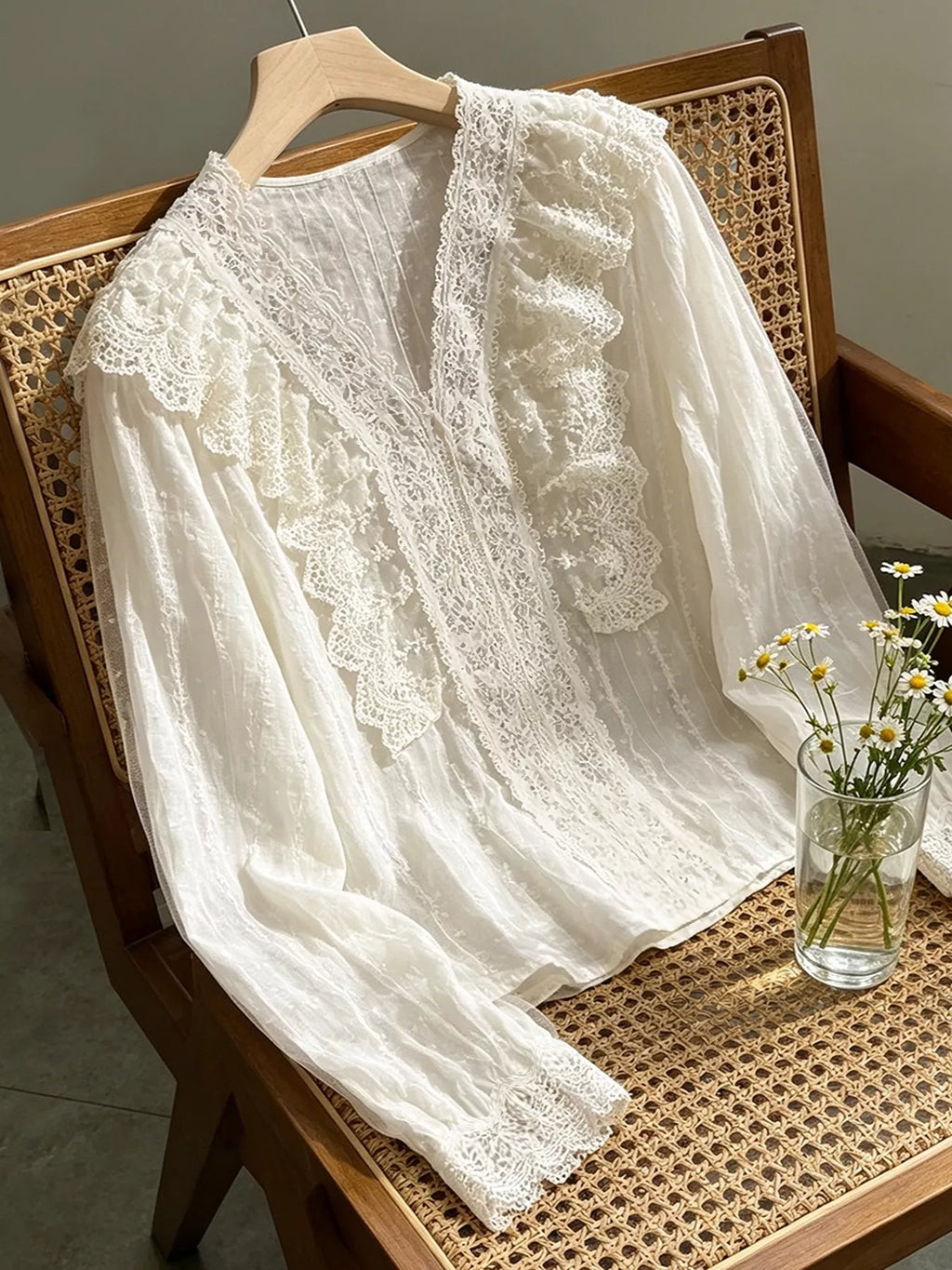 V-Neck Lace Ruffle Sheer Blouse