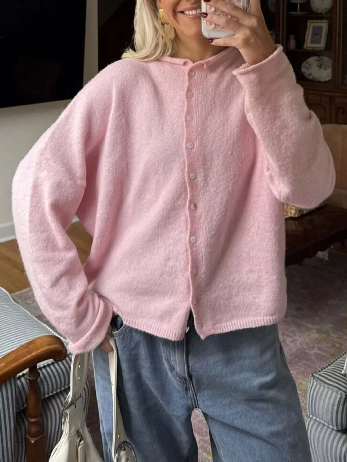 Button-Down Dropped Shoulder Cardigan